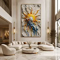 Sun Burst Paint Wall Art – Yellow Blue White Abstract 3D Texture Modern Decor