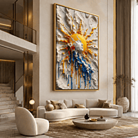 Sun Burst Paint Wall Art – Yellow Blue White Abstract 3D Texture Modern Decor