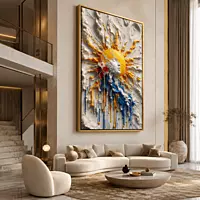 Sun Burst Paint Wall Art – Yellow Blue White Abstract 3D Texture Modern Decor