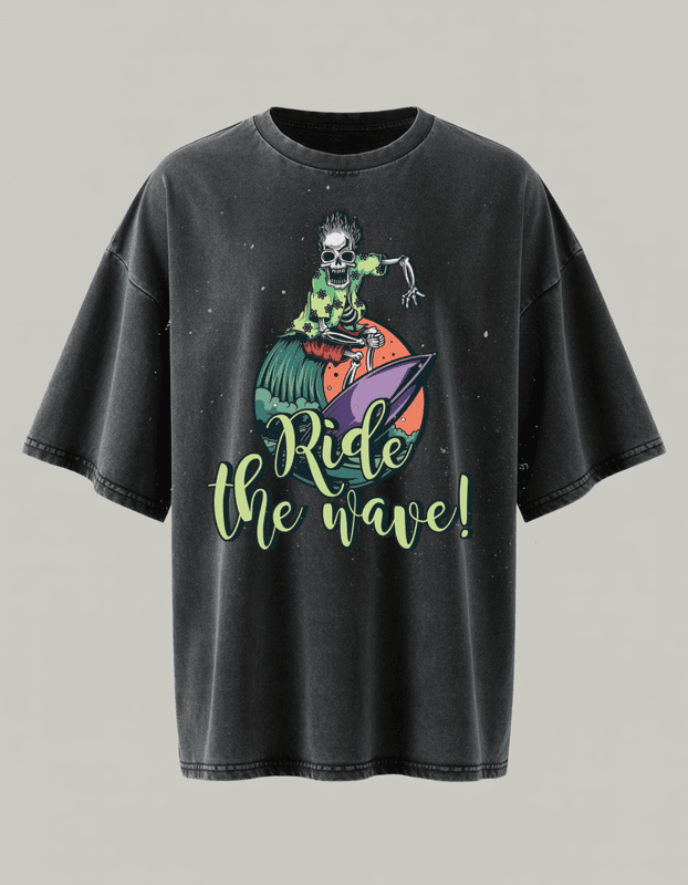 Ride the Wave – Black Acid Wash Oversized T-Shirt | Skull Surf Graphic Streetwear Tee