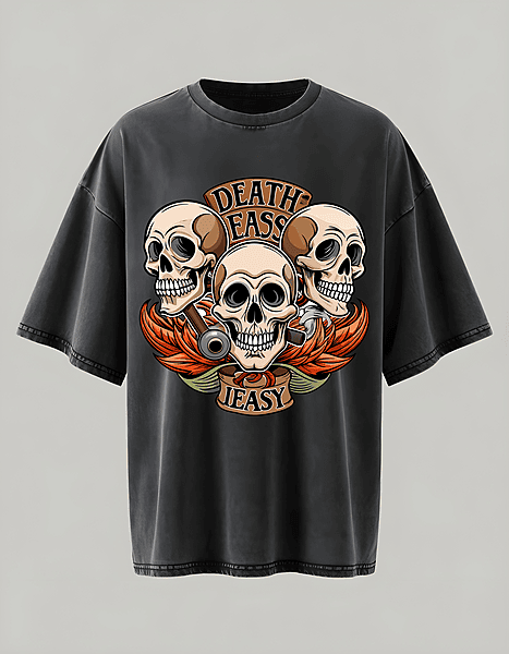 Death Is Easy – Black Acid Wash Oversized T-Shirt | Premium Streetwear Tee for Men