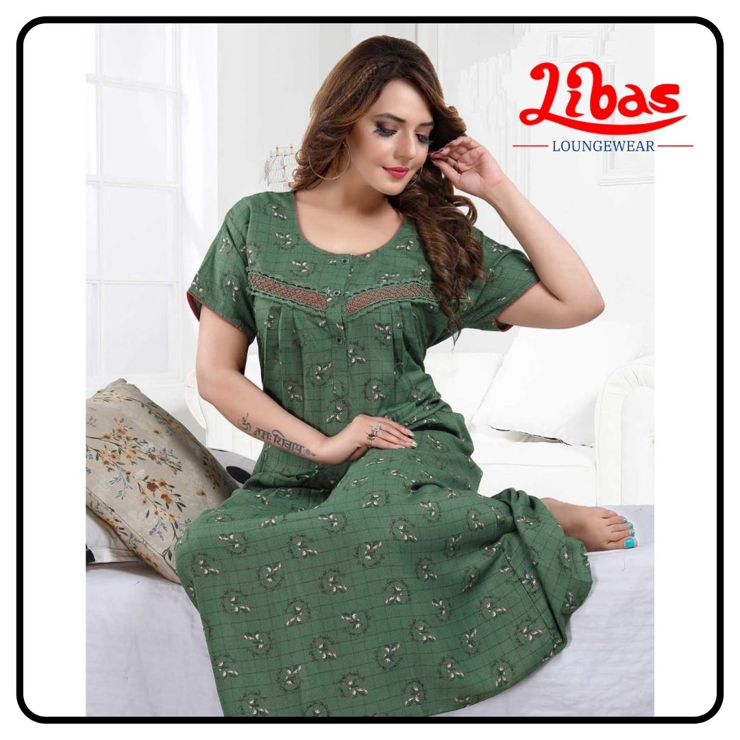 Nandor green alphine pleated feeding nighty in floral print with side zips from libas-FNT051 Nandor green alphine pleated feeding nighty in floral print with side zips from libas-FNT051