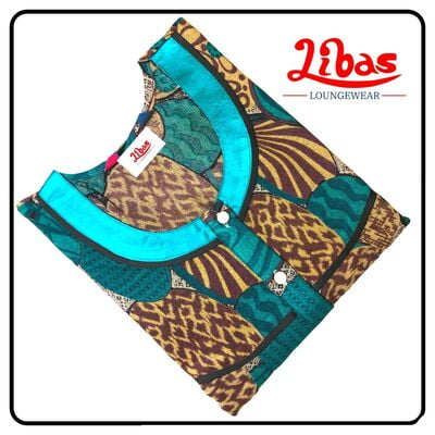 Green alphine pleated nighty in geometric print & with button closure from libas-PLT092 Green alphine pleated nighty in geometric print & with button closure from libas-PLT092