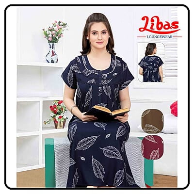 Dark navyblue alphine Pleated Nighty With large floral Prints All Over From Libas Loungewear - PLT263