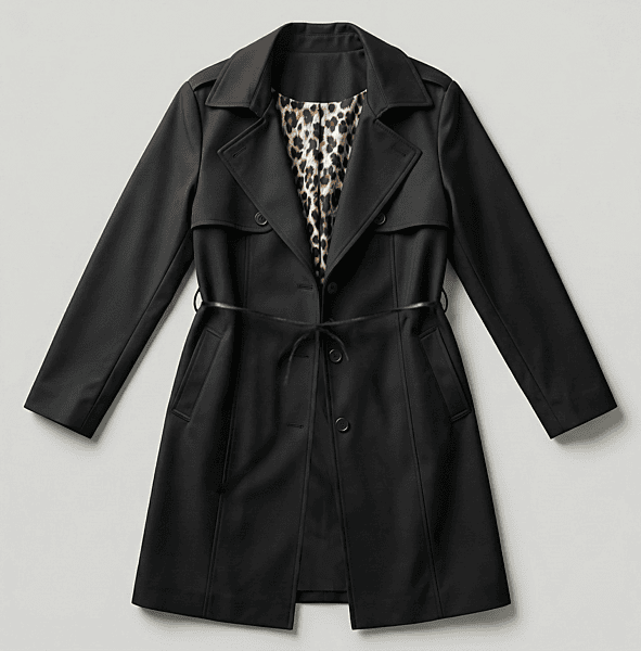 Black Trench Coat with Leopard Lining