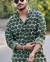 Rawscal Men’s Printed Cotton Shirt – Olive Green Ethnic Motif | Full Sleeves