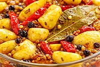 Close-up texture of garlic birdseye chilli pickle