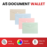 Pack of 12 A5 Light Pastel Blue Soft Touch Plastic Document Wallets with Button Closure