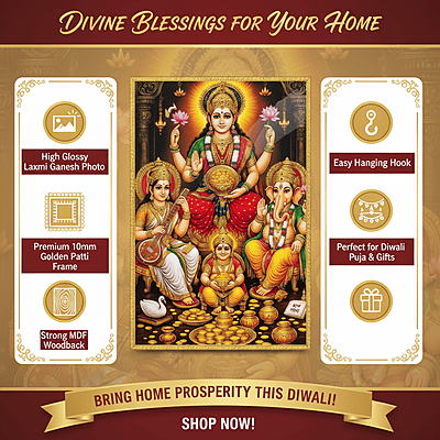 Premium Laxmi Ganesh Photo Frame with Golden Patti | High Gloss Religious Wall Art | MDF Wood Back | Ideal for Diwali Puja, Home & Office Decor