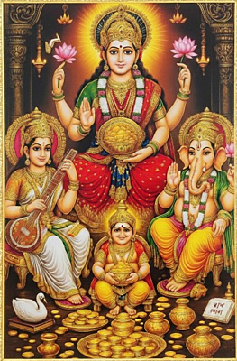 Premium Laxmi Ganesh Photo Frame with Golden Patti | High Gloss Religious Wall Art | MDF Wood Back | Ideal for Diwali Puja, Home & Office Decor