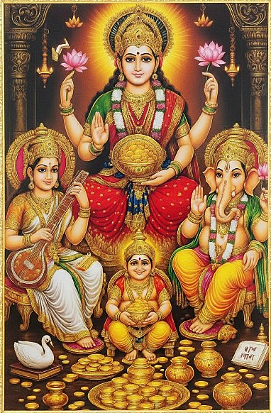 Premium Laxmi Ganesh Photo Frame with Golden Patti | High Gloss Religious Wall Art | MDF Wood Back | Ideal for Diwali Puja, Home & Office Decor