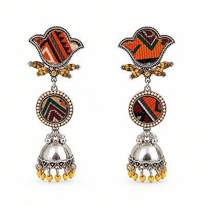 Rangtara Asymmetric Textile Oxidised Jhumka Earrings