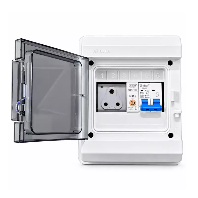 6-Way EV Charging MCB Box |3-Pin 6A Socket, Sibass 32A 2-Pole AC MCB & WiFi Smart Circuit Breaker 1P 230V 20A