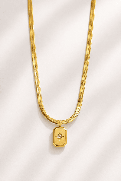 Gold Rectangle Tag Pendant Necklace with Zirconia