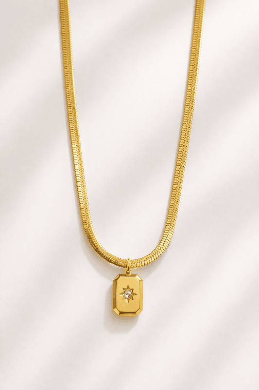 Gold Rectangle Tag Pendant Necklace with Zirconia
