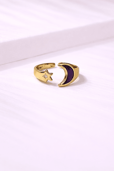 Gold crescent moon and star ring