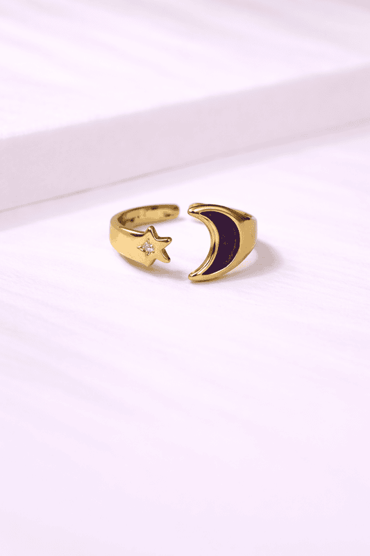 Gold crescent moon and star ring