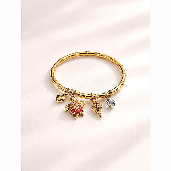 Gold Ocean Charm Bangle with Turtle, Shell and Crystal