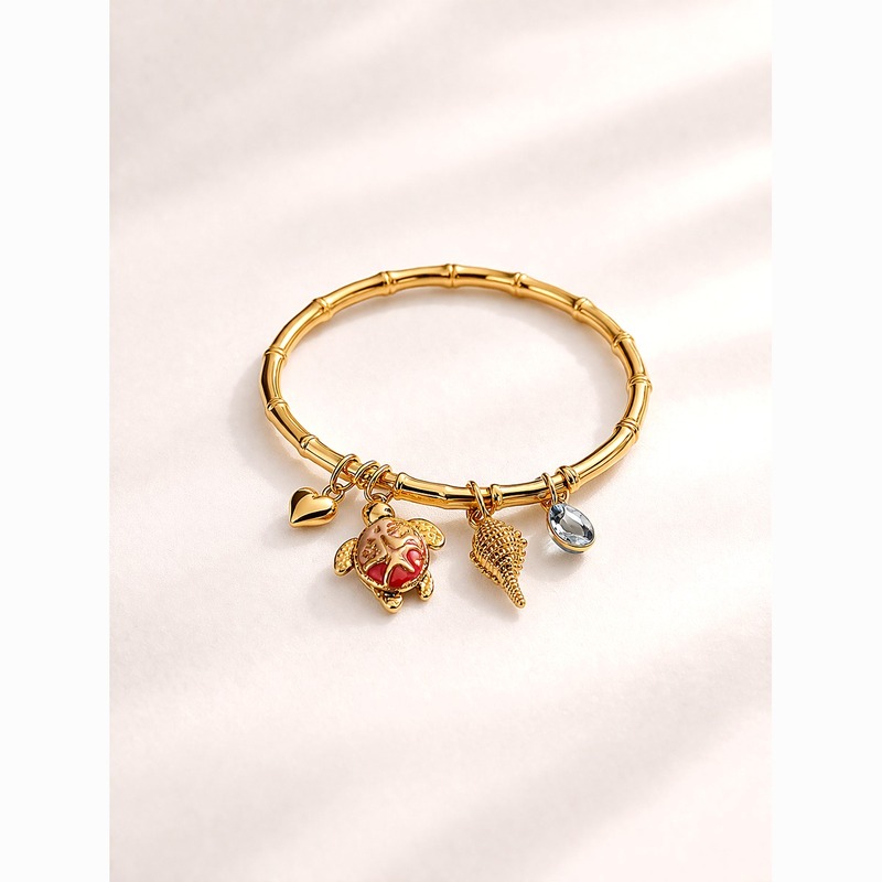 Gold Ocean Charm Bangle with Turtle, Shell and Crystal
