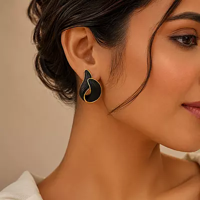 Noirelle Black Sculpted Loop Gold-Tone Stud Earrings