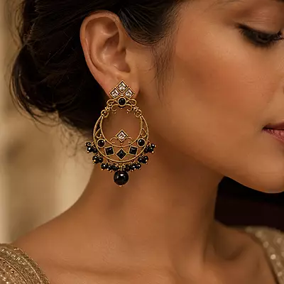 Nishika Black Bead Gold-Tone Chandbali Earrings