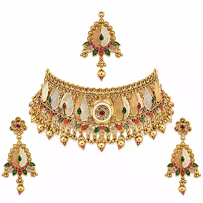 Mehrika Multicolour Enamel Choker Jewellery Set with Earrings and Maang Tikka