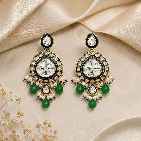 Kundan Meera Green Bead Pearl Drop Earrings
