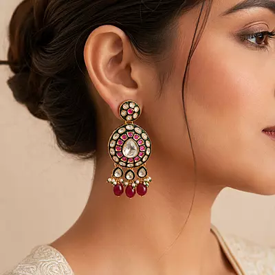 Kundan Raaga Mirror Stone Red Bead Drop Earrings