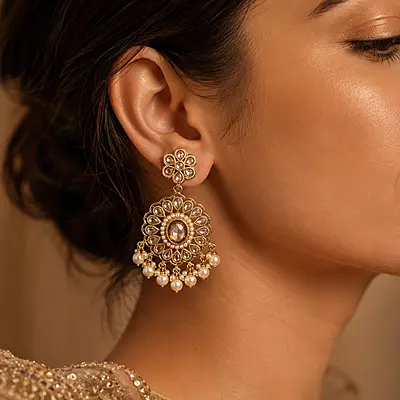 Pravisha Champagne Stone Pearl Floral Medallion Earrings