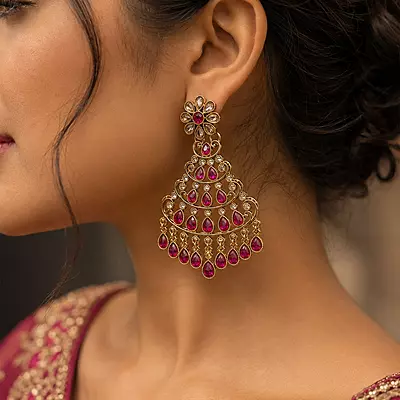 Gulrani Magenta Stone Gold-Tone Chandelier Earrings