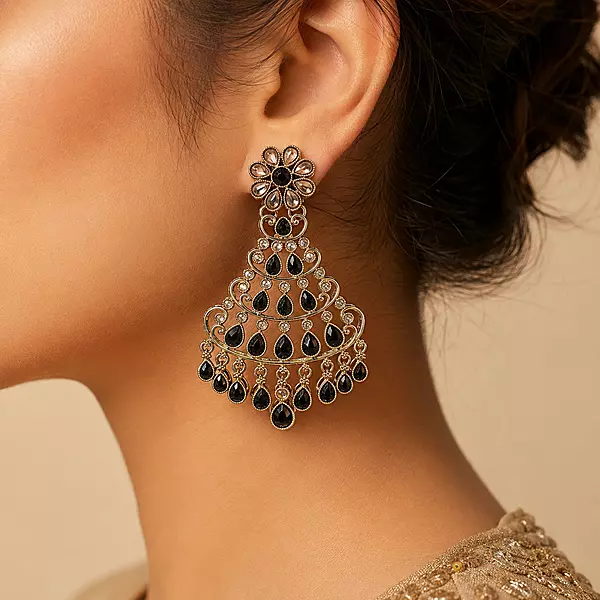 Shyamira Black Stone Gold-Tone Chandelier Earrings