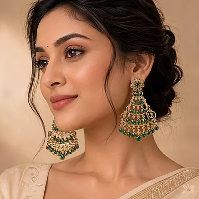 Vanamala Green Stone Gold-Tone Chandelier Earrings