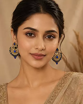 Nilarika Royal Blue Bead Gold-Tone Chandbali Earrings