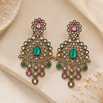Rangmahal Multicolour Stone Gold-Tone Chandelier Earrings