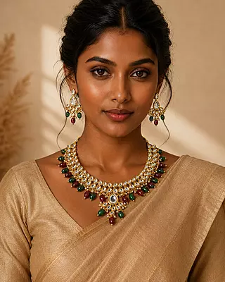 Kundan Vamika Green and Wine Bead Necklace Set