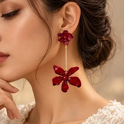 Rosavelle Burgundy Enamel Floral Drop Earrings