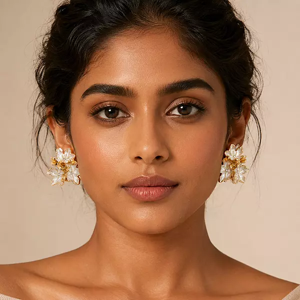 Elara Ivory Bloom Gold-Tone Floral Stud Earrings
