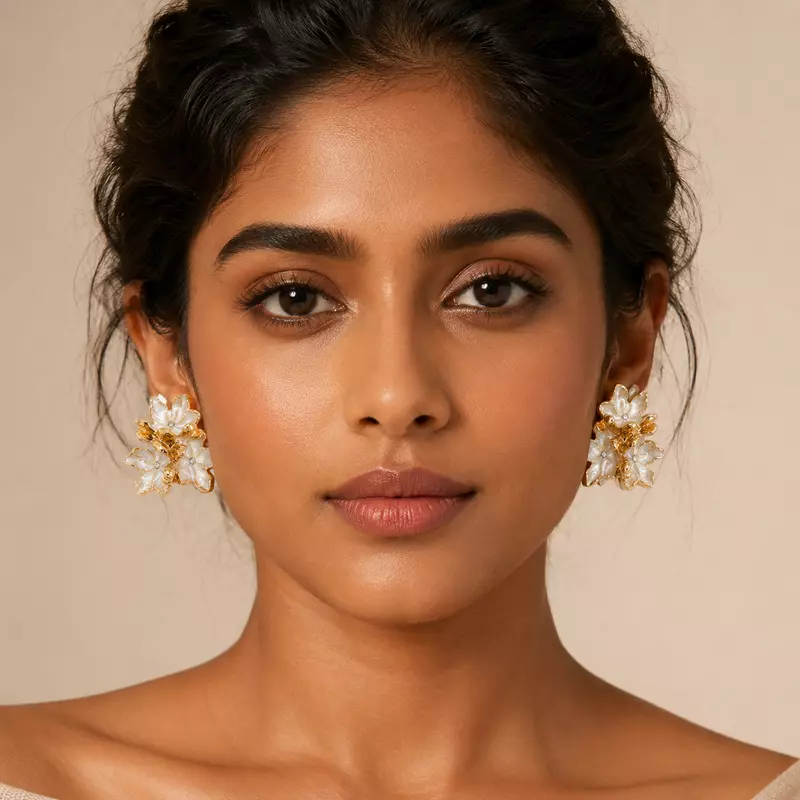 Elara Ivory Bloom Gold-Tone Floral Stud Earrings