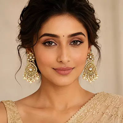 Mrinalika Pearl and Clear Stone Gold-Tone Teardrop Earrings
