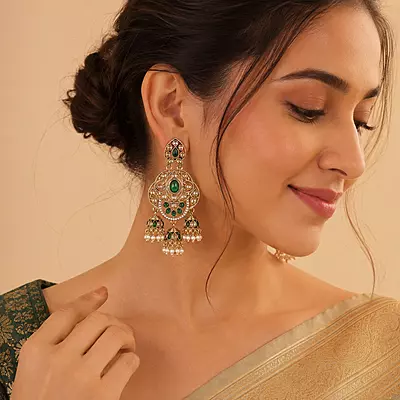 Harivalli Green Stone Triple Jhumka Earrings