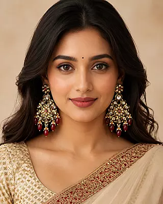Noor Ruby Beaded Floral Kundan Dangler Earrings
