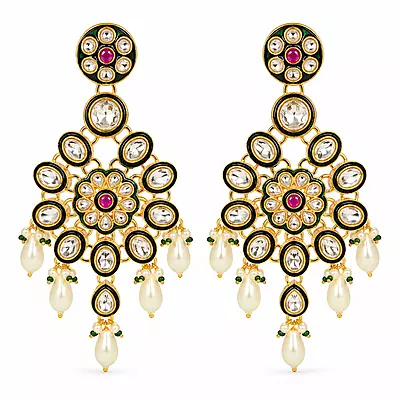 Kundan Aabha Mirror Stone Pearl Dangler Earrings