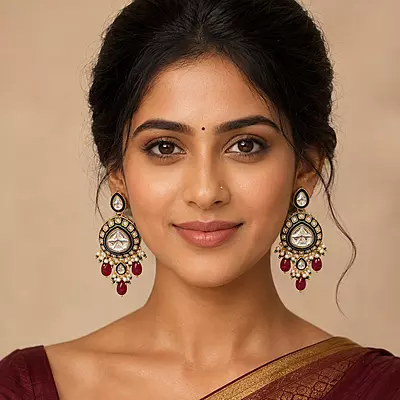 Kundan Chandrika Ruby Pearl Drop Earrings