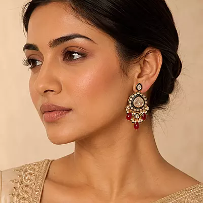 Kundan Nayra Mirror Ruby Pearl Earrings