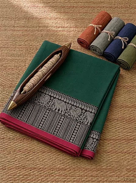 Authentic green Narayanpet cotton saree with red woven border and running blouse