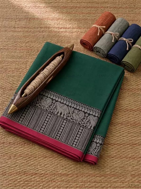 Authentic green Narayanpet cotton saree with red woven border and running blouse