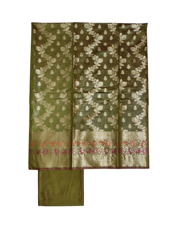 Unstitched Green Banarasi Cotton Silk Salwar Suit Set with Dupatta for Women