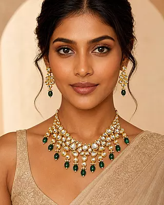 Kundan Arohi Green Bead Cascade Necklace Set