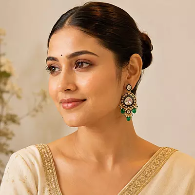 Kundan Meera Green Bead Pearl Drop Earrings