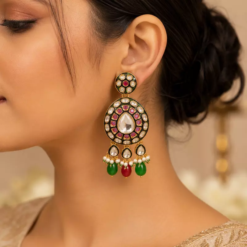 Kundan Aarna Green Bead Pearl Drop Earrings